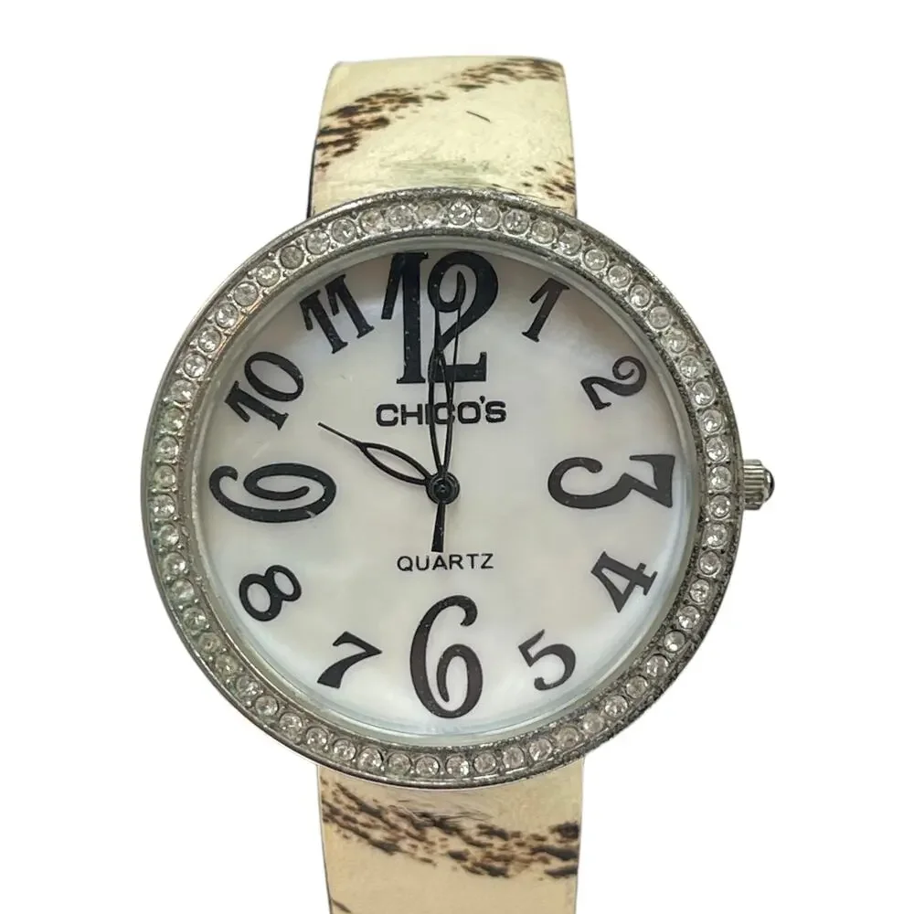 CHICO'S Women's RHINESTONE WATCH Beige Animal Print Band- NEW BATTERY